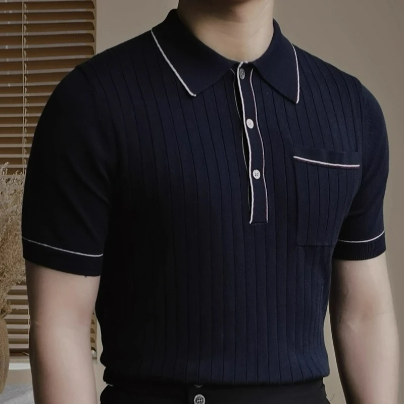 

Summer contrasting color casual striped lapel slim-fitting short-sleeved POLO shirt