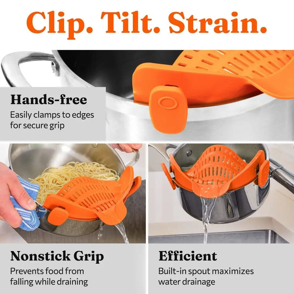 Silicone Clip-On Strainer Kitchen Gadgets Widen Pot & Pasta Strainer with 2 Clips Handheld Drainer For Pots Pans Bowls