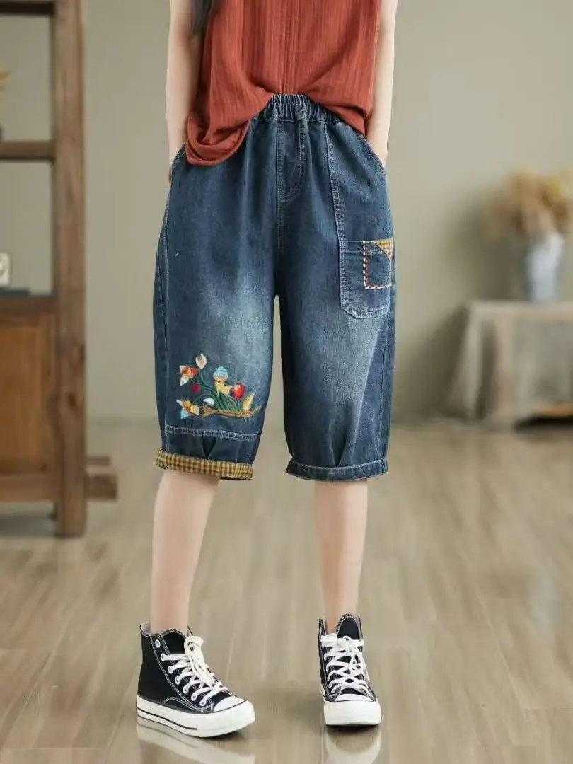 

Повседневные джинсовые брюки с вышивкой и эластичной резинкой на талии, женские летние модные свободные широкие брюки, джинсы-колокольчики