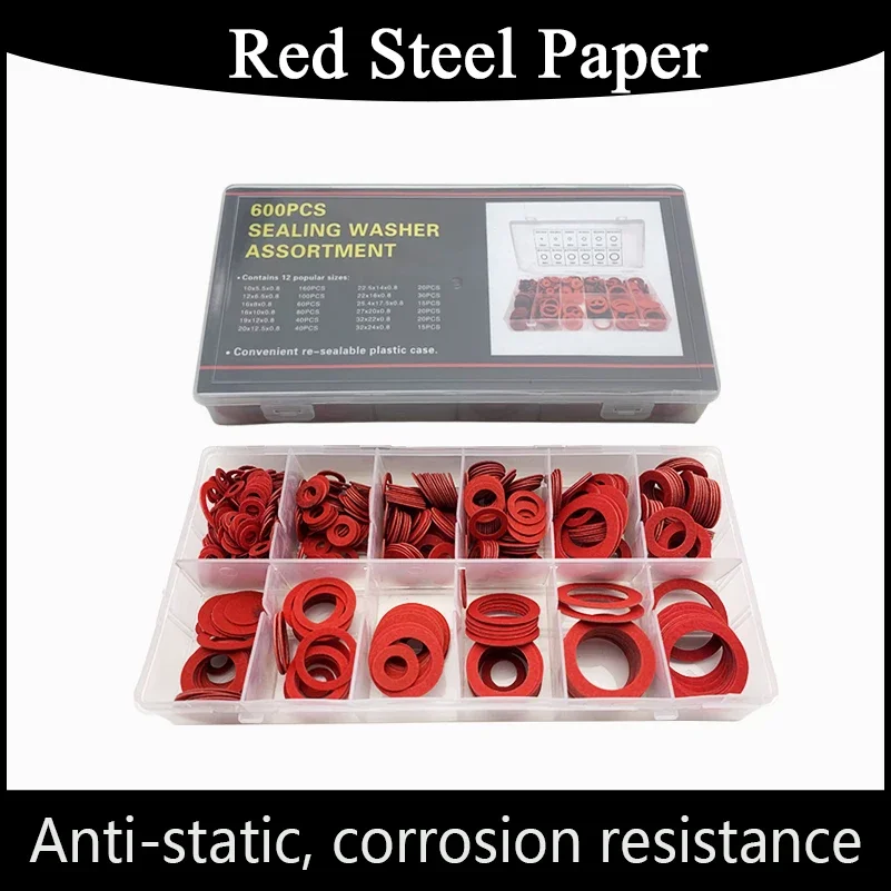 12 Sizes Red Steel Paper O-Type Flat Washer Assortment Kit 600Pcs M10-M32 Insulation Wear Resistant Sealing Gaskets Repair Kit