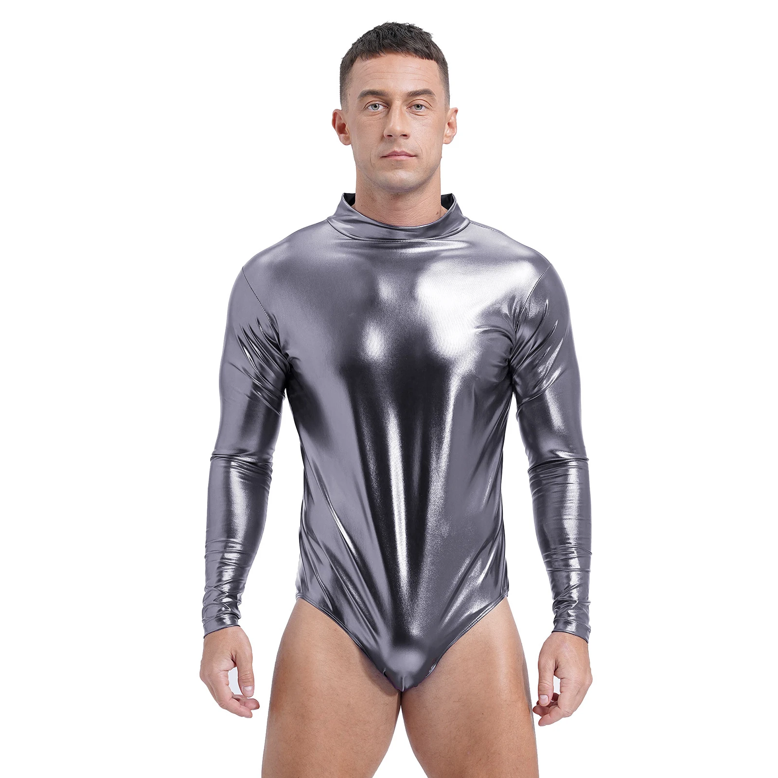 

Mens Shiny Latex Leotard Catsuit Bodycon Jumpsuit Slim Fit Long Sleeve Zipper Boxer Bodysuit Clubwear Pole Dance Rave Costume