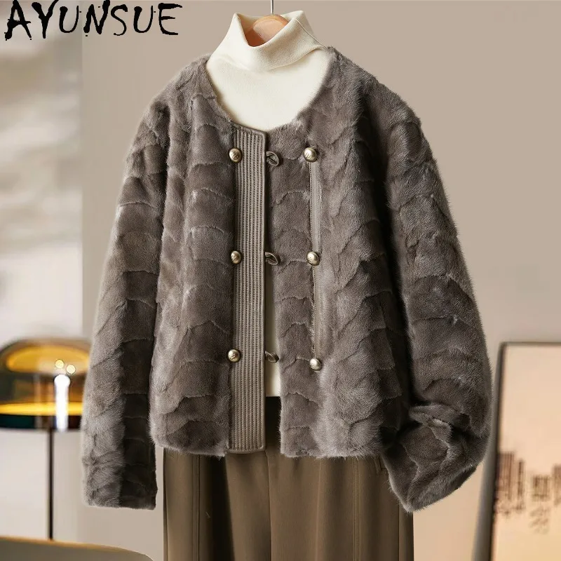 

Пальто из натурального меха норки AYUNSUE, женское, свободного кроя, теплая меховая куртка, топ с длинными рукавами, меховые пальто в корейском стиле, женская одежда