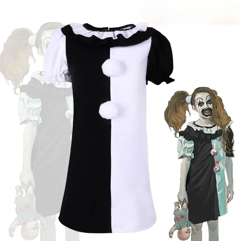 

Clown Cosplay Costume Halloween Horror Role Play Dress Black White Outfits Girls Role Play Suit for Children Carnival Party