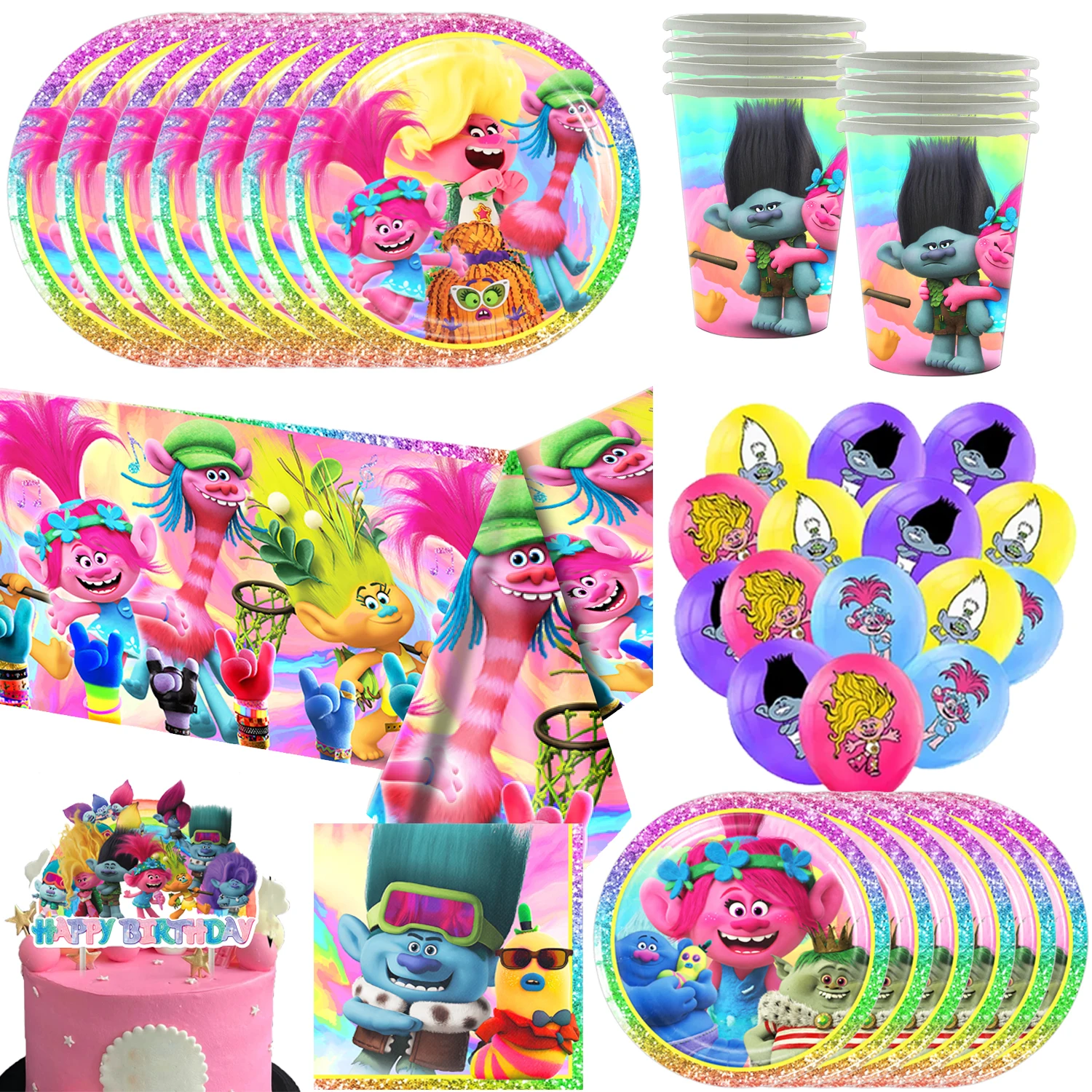 Hot Anime Trolls Theme Party Decorations Cartoon Magic Hair Tableware Set Paper Plates Banner for Kids Birthday Baby Shower Gift