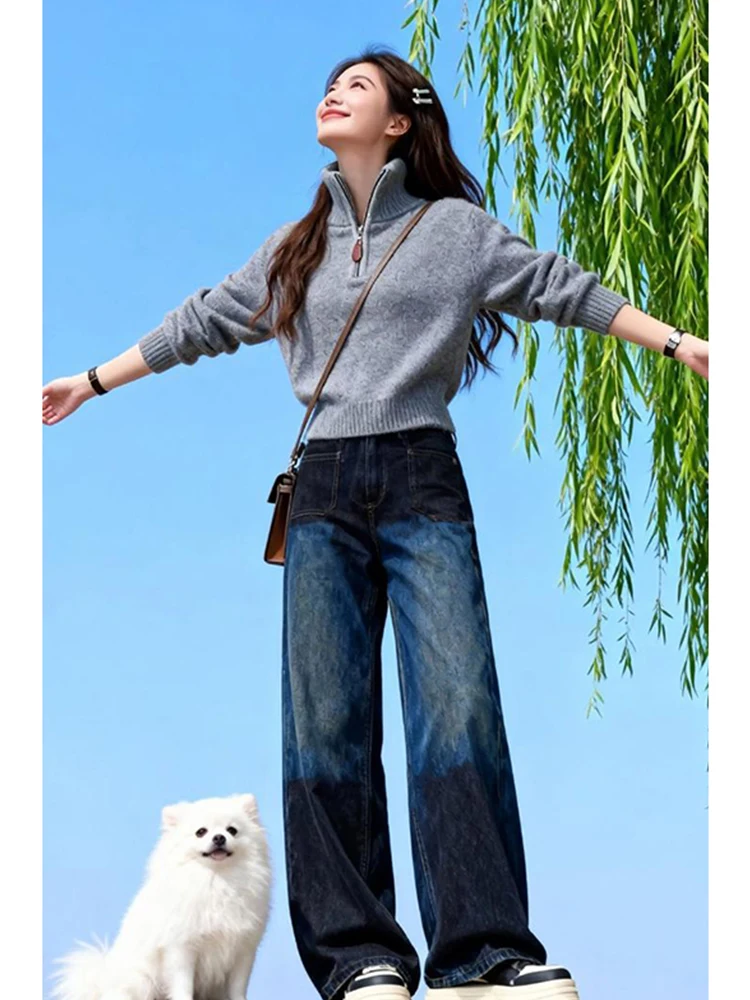 

Gray Knitted Short High Collar Sweater Women's Lazy Style Half Zipper Autumn Winter New Fashion Unique Knitted Top