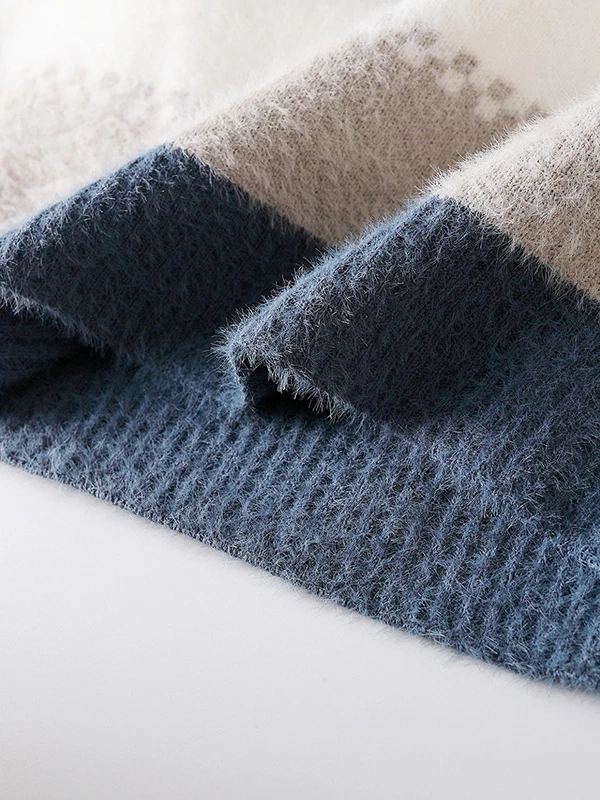 Suéter Masculino de Tricô com Pelo de Coelho Aquático, Estilo Casual de Outono/Inverno, Top Quente de Manga Longa com Gola Re...