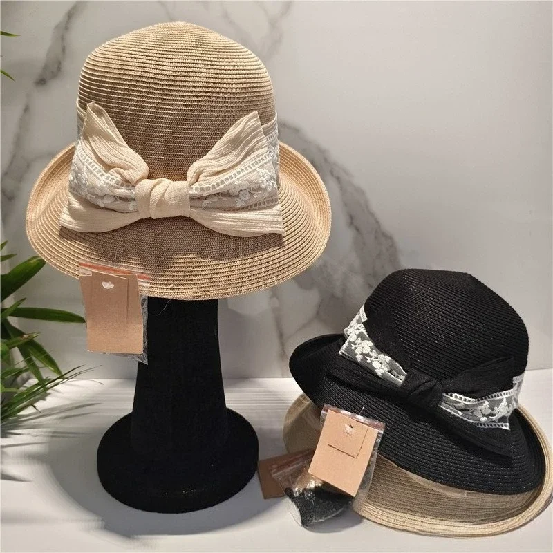 French elegant lace bow straw hat, crimped breathable straw visor, sun hat