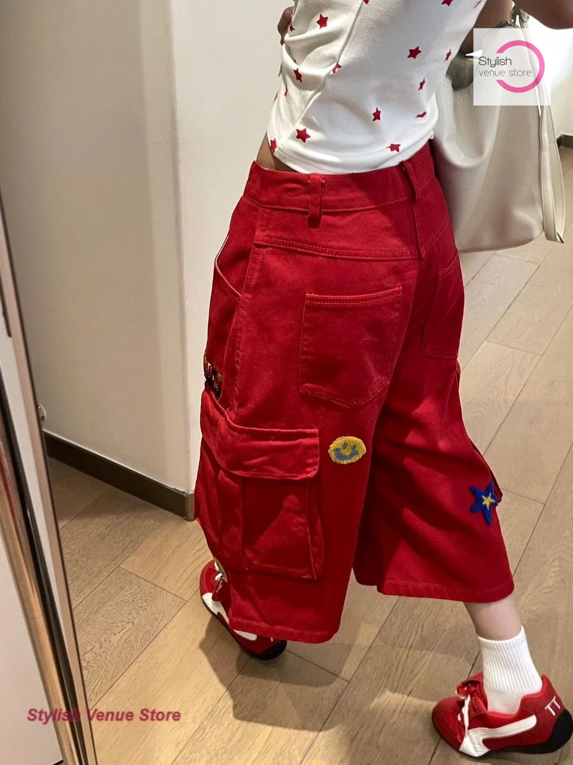American high street red plus-size star embroidery tooling cropped pants women's summer new fashion design loose wide-leg pants.