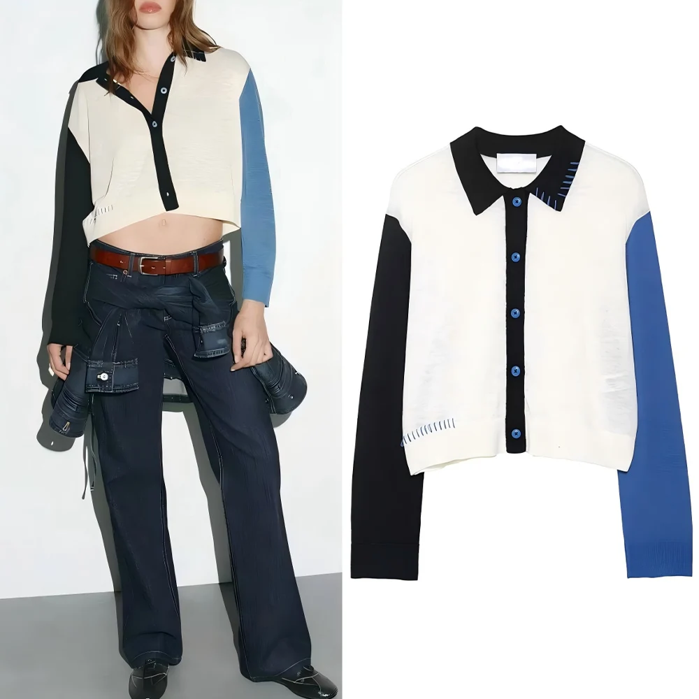 

Women's autumn new fashion soft texture short contrasting color knitted Coat retro long sleeved Button-up women's Coat chic top