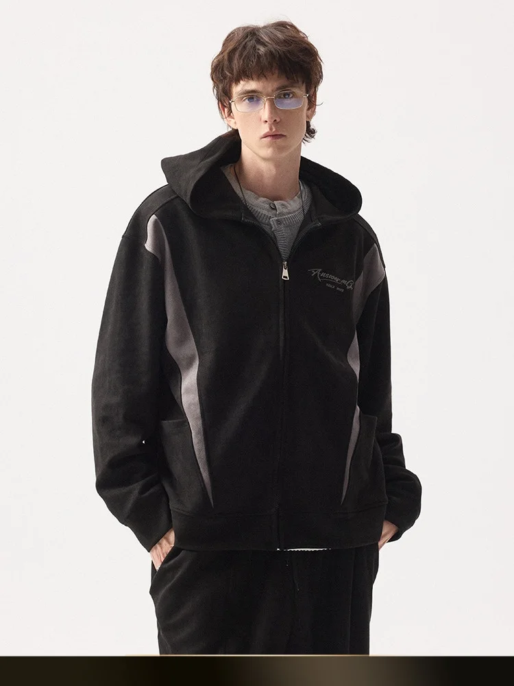 

Американское ретро-худи из замши с цветными вставками, свободного кроя, повседневное, для пар, весенний сезон, полиэстер, спандекс, на молнии