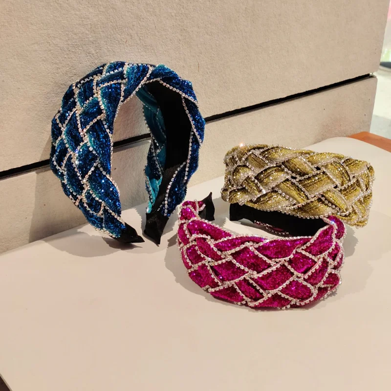 Vintage Diamond Stripe Velvet Braided Headband Autumn Winter Wide Hair Hoop Fashion Pressed Hair Hairbands Women Hair Accessory