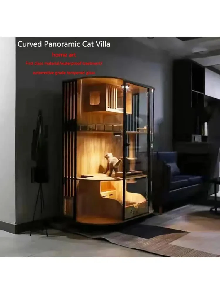 Curved panoramic cat villa, solid wood cat cabinet, glass transparent luxury