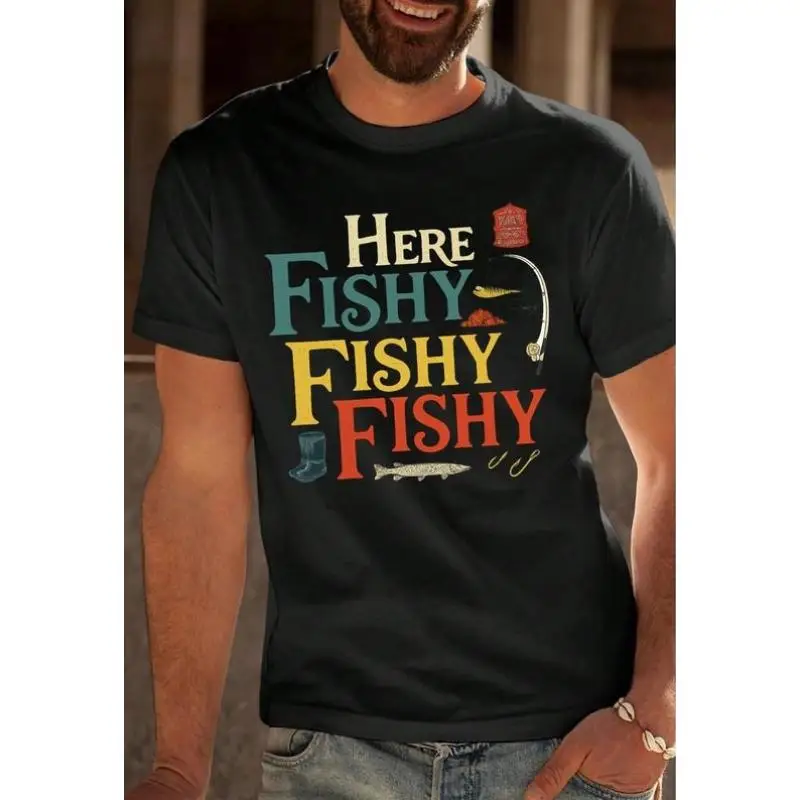 

Funny Fishing T-shirt Men Women Here Fishy Graphic Tee Fisherman Gift Hobby Casual Top Vintage Retro Style