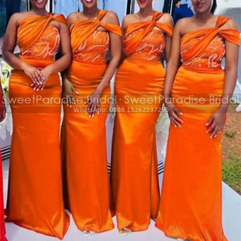 Customized Mermaid Bridesmaid Dresses Criss Cross One Shoulder Beaded Long Orange Sleeveless Sheath Party Dress Maid Of Honor