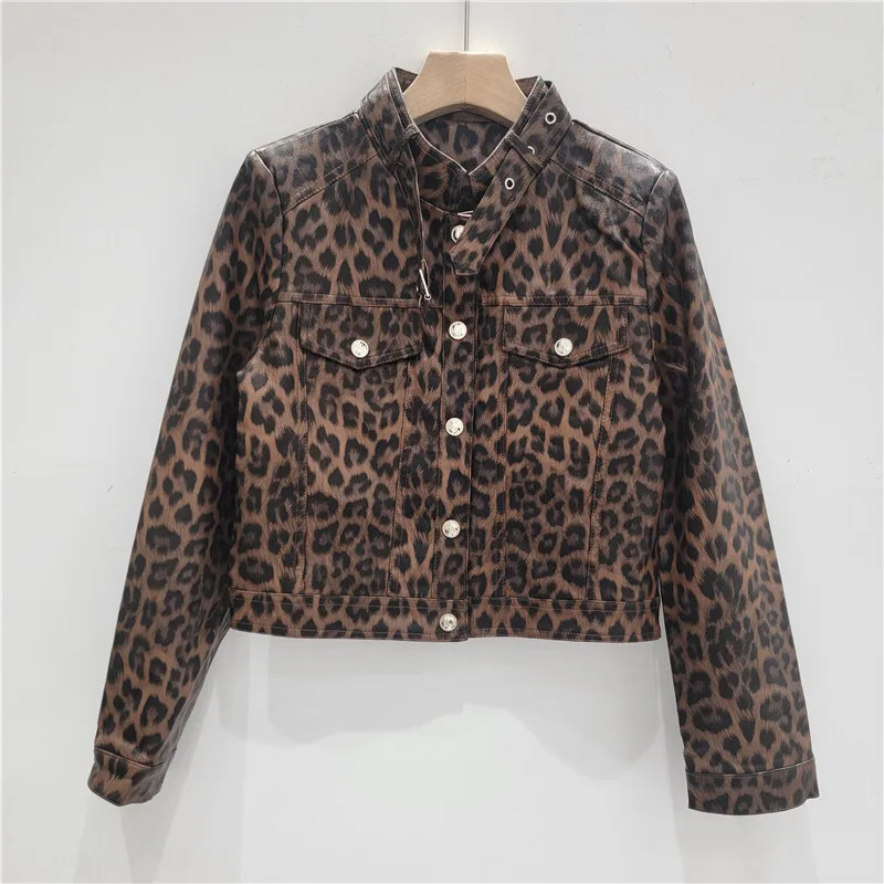 HKSH Herbst Neue Frauen Streetwear Mäntel Leopard Gedruckt Einreiher Leder Kurze Jacke Vielseitig Elegante Persönlichkeit HK8446