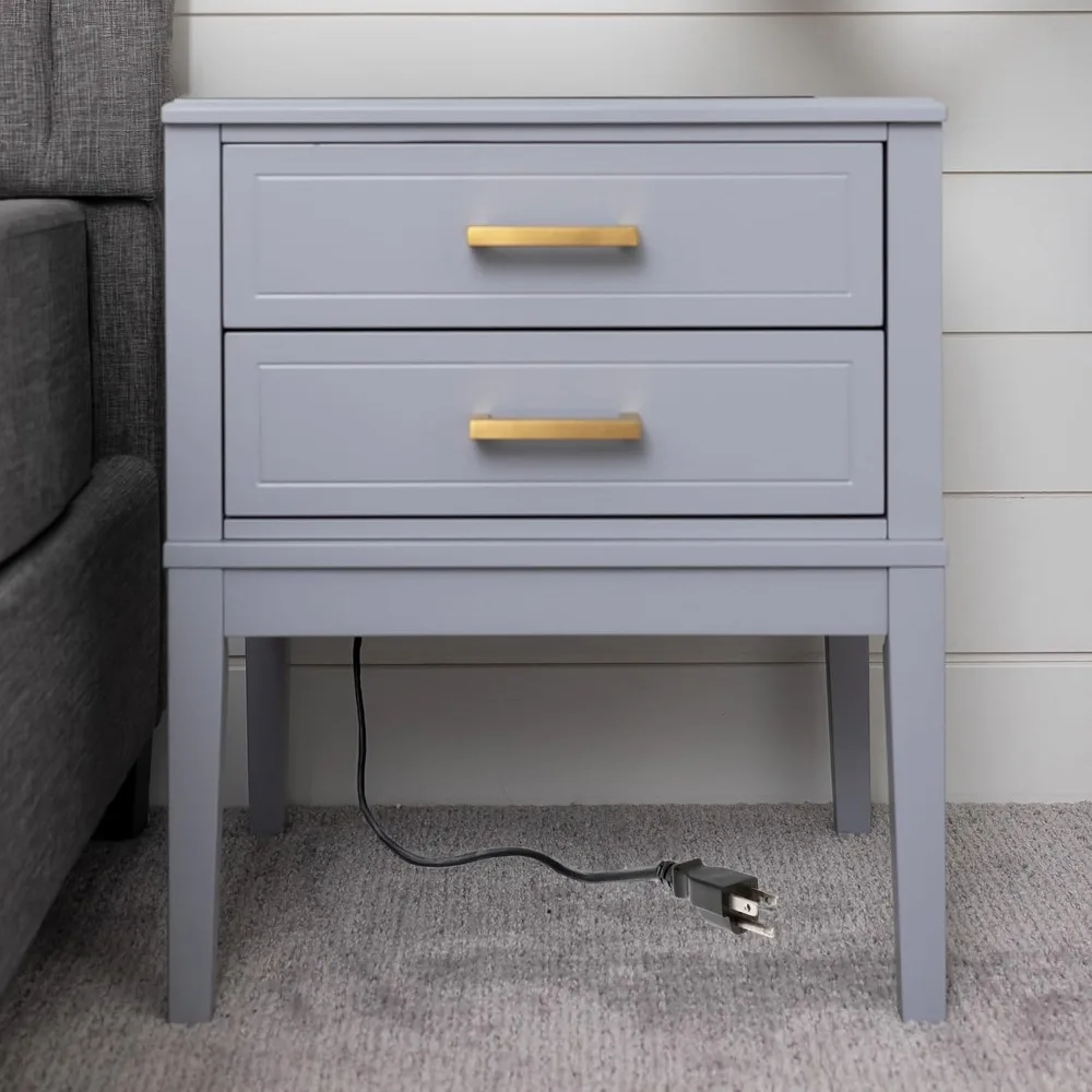 

2 Drawer Side Table with Charging Station - Mid Century Modern with Polished Gold Handles, 2 USB Ports & 2 Outlets