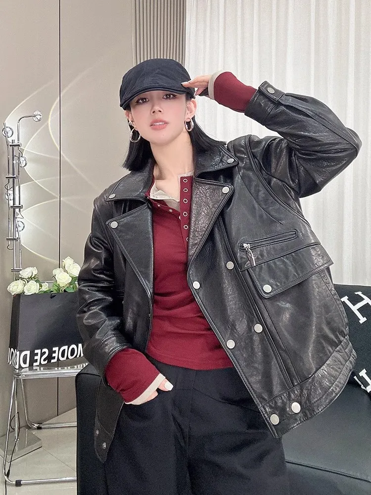 Punk Style Women Double Breasted Loose Fit Gnuine Leather Jacket Boyfriend Style Motorcycle Coat Autumn Fashion Windproof Jacket