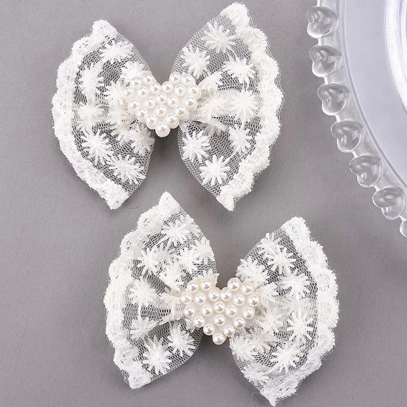 ncmama 2Pcs/set Lace Heart Pearl Hair Bow for Baby Girls Cute Handmade Bowknot Hairpin Hairgrip Korean Hair Accessories headwear