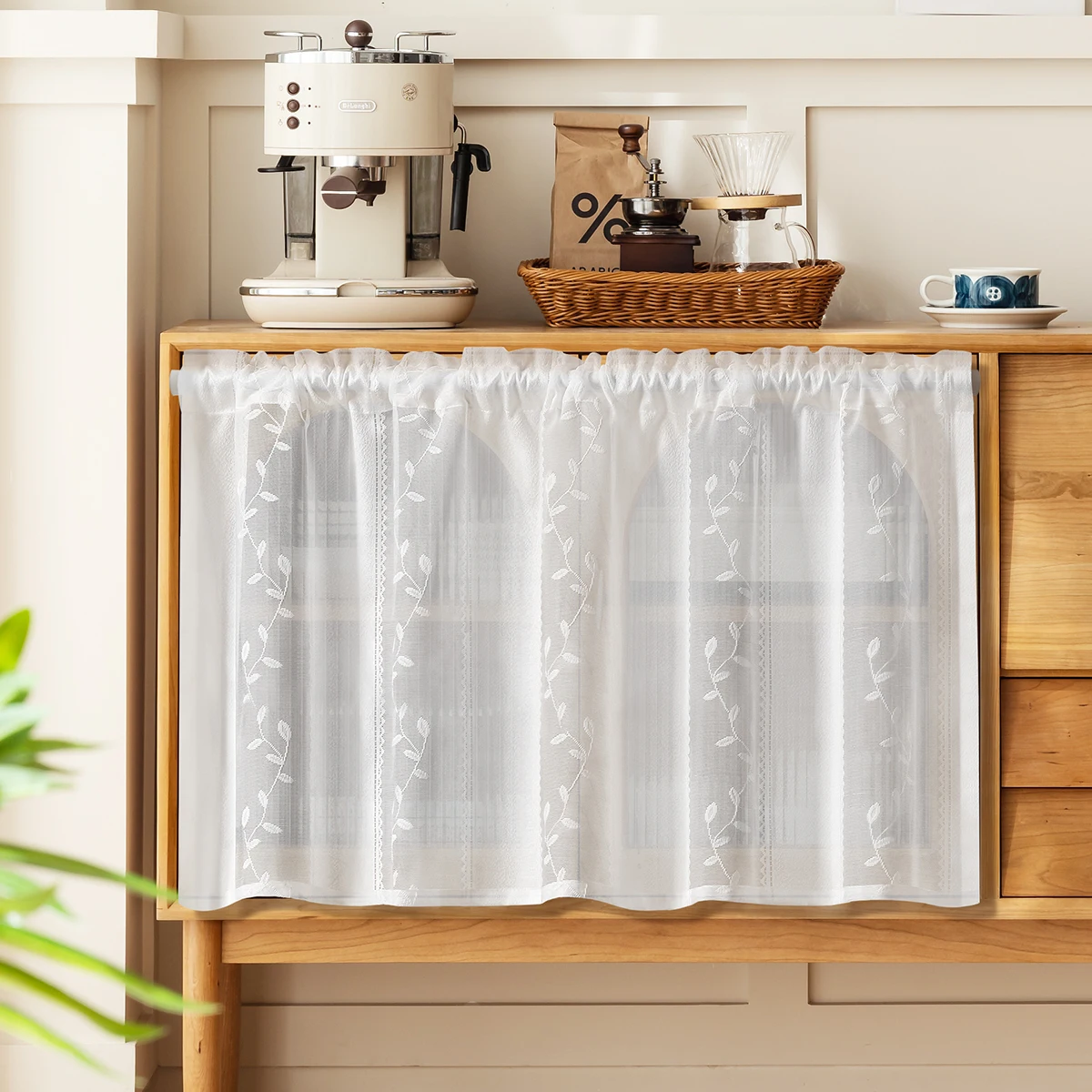 

1pc Stripe White Short Curtain,Rod Pocket,Pastoral Style Willow Branche and Leaves Embroidered Gauze Curtain for Window, Cabinet