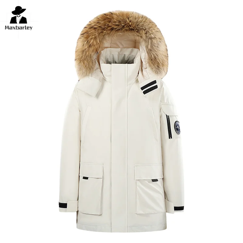 New Winter Warm Down Jacket Men's Luxury Thick Removable Wool Collar Hooded White Duck Down Parka Women Trendy Ski Puffer Jacket