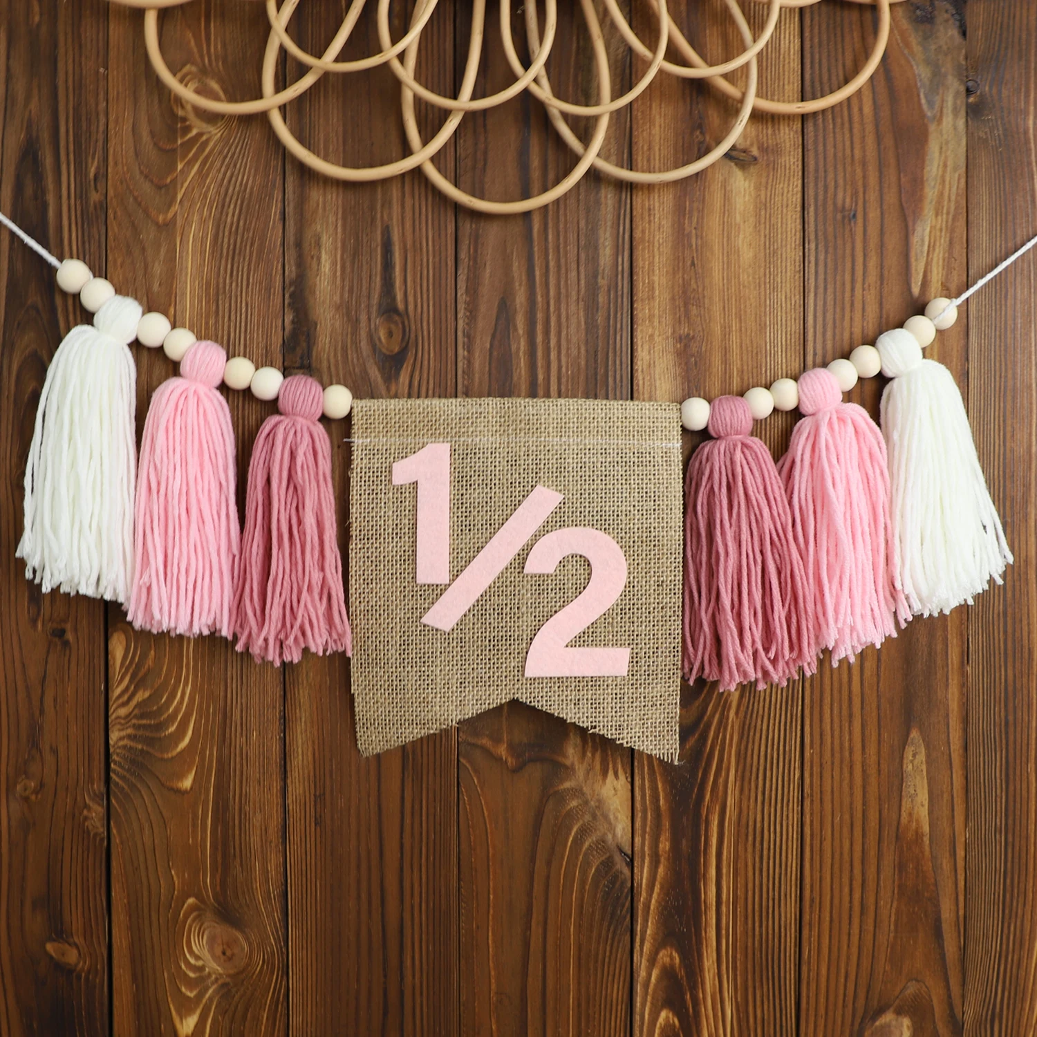 1/2 Birthday High Chair Banner 6 Months Boho Handmade Wooden Bead Tassel Garland Decoration Birthday Party Photography Prop