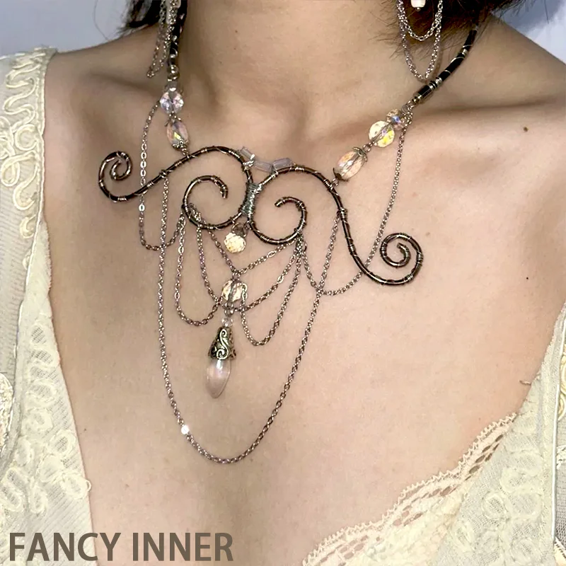 2026 New Necklace Mermaid Tears Metal Chain Tassel Shiny Stone Vintage Retro Dark Neck Accessaries for Women Girl Jewelry view 6