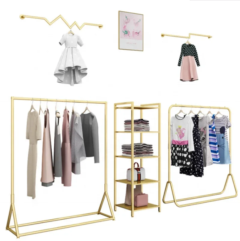 

'Metal Display Stand Floor Hanging Rail Lady Clothing Display Golden Rail Garment Rack