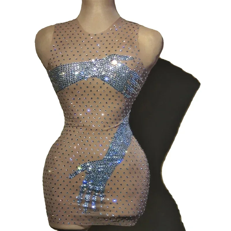 Strass brilhante vestido de noite das mulheres, vestidos de festa, Sexy Pole Dance Dress, Traje Gogo, Dj Ds Stage Rave Outfit, Clubwear, XS7367