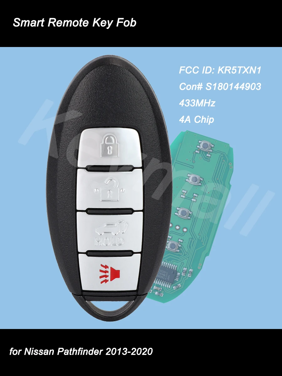 KEYECU Smart Remote Car Key With 4 Buttons 433MHz 4A Chip Fob for Nissan Pathfinder 2013 2014 - 2020 S180144903 FCC ID: KR5TXN1