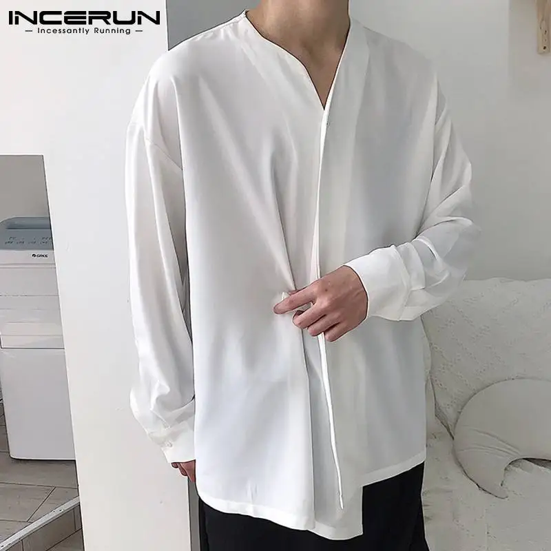 INCERUN Tops 2024 Korean Style Men\'s Casual Simple Shirts Fashion Pendant Solid All-match Comfortable Long Sleeved Blouse S-5XL