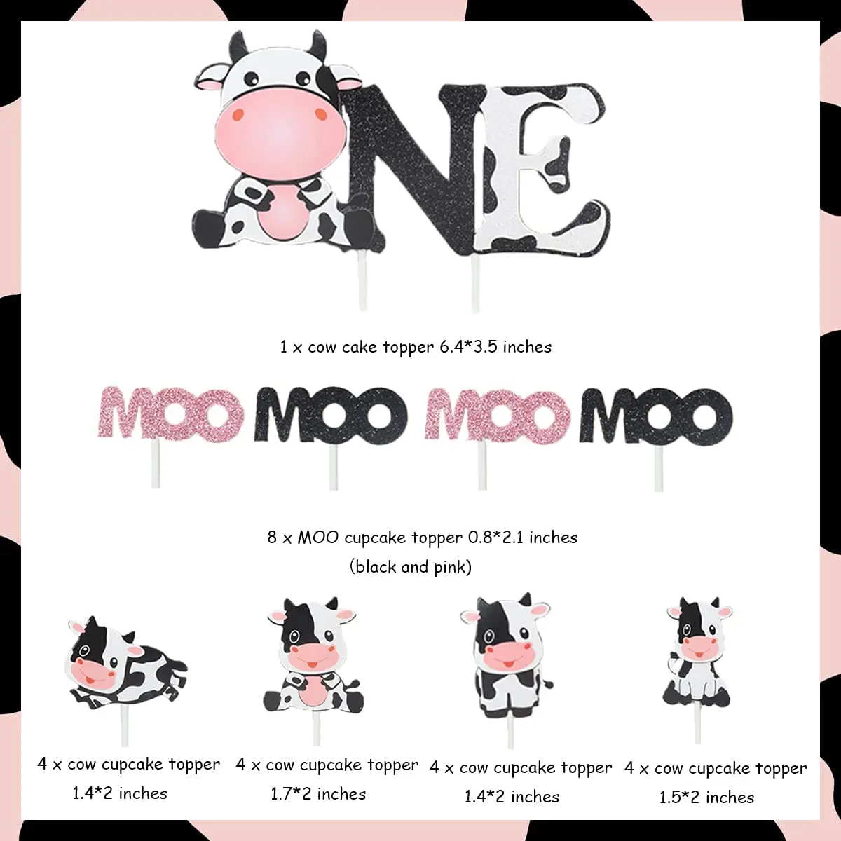 Funmemoir Pink Cow Cake Topper Set for Girl 1st Birthday Party Cake Decorations One Moo Cupcake Topper Cow Themed First Birthday