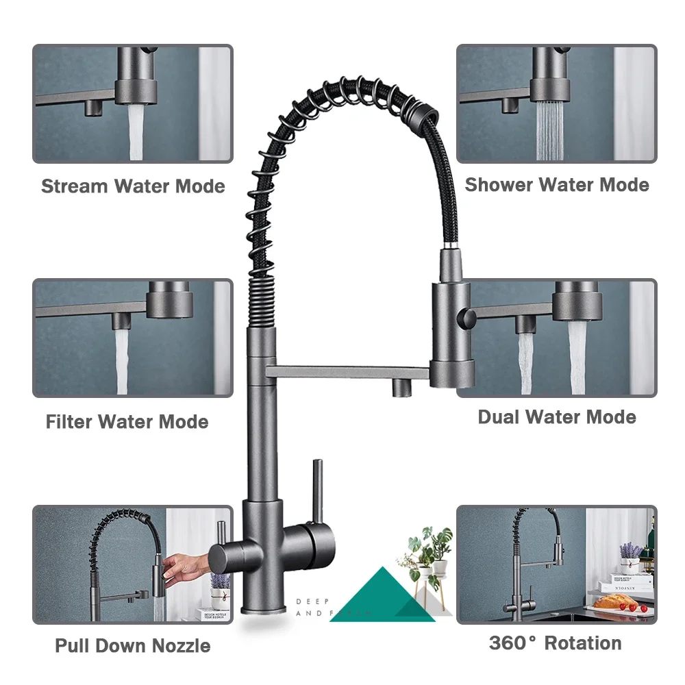 Pull Down Filter Küchenarmatur Schwarz 3-Wege-Trinkhähne für reines Wasser Messing 360 Flexible Reinigungswasser-Mischbatterie