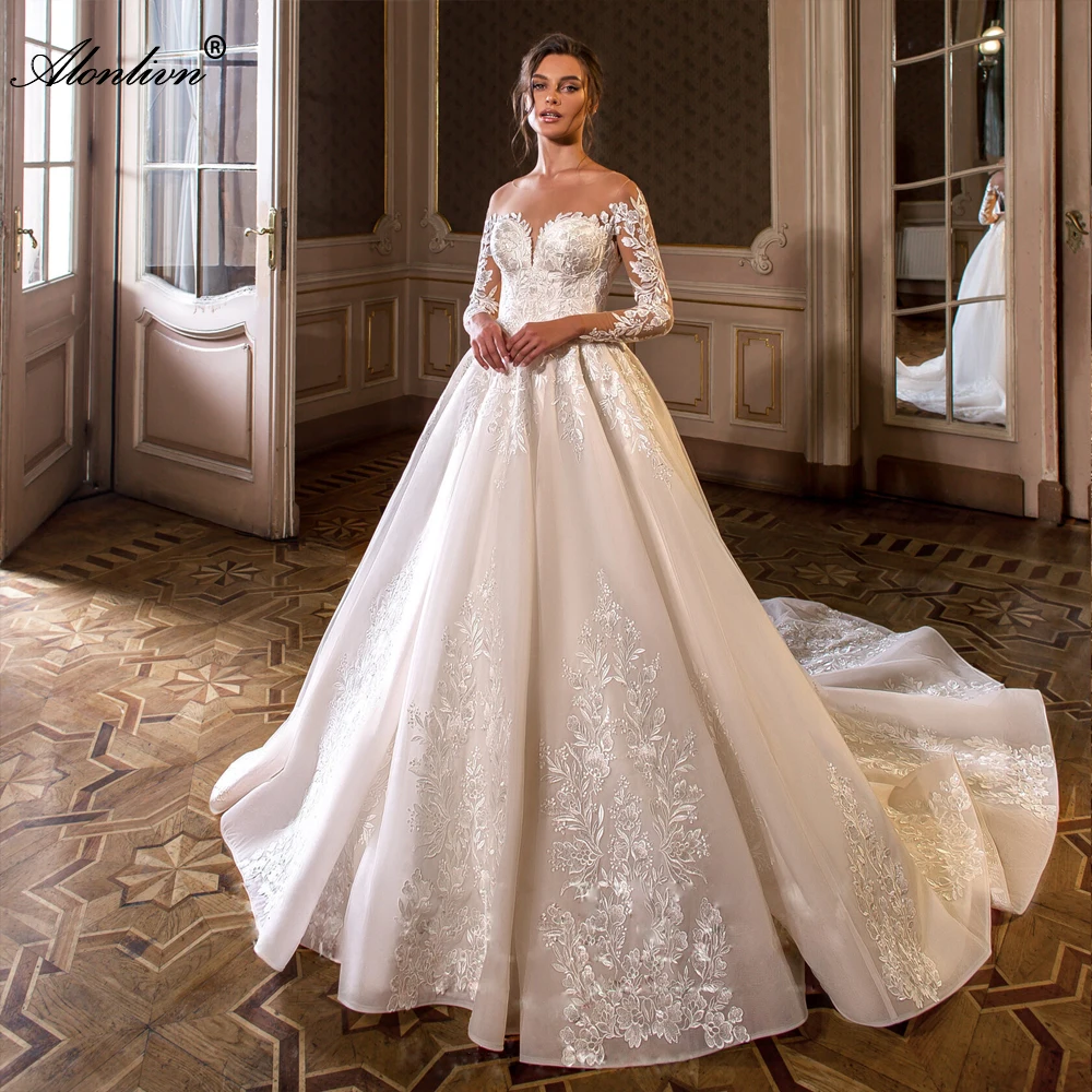 Alonlivn Elegant Full Sleeves O-Neck A-Line Wedding Dresses Embroidery Appliques Lace Court Train Bridal Gowns