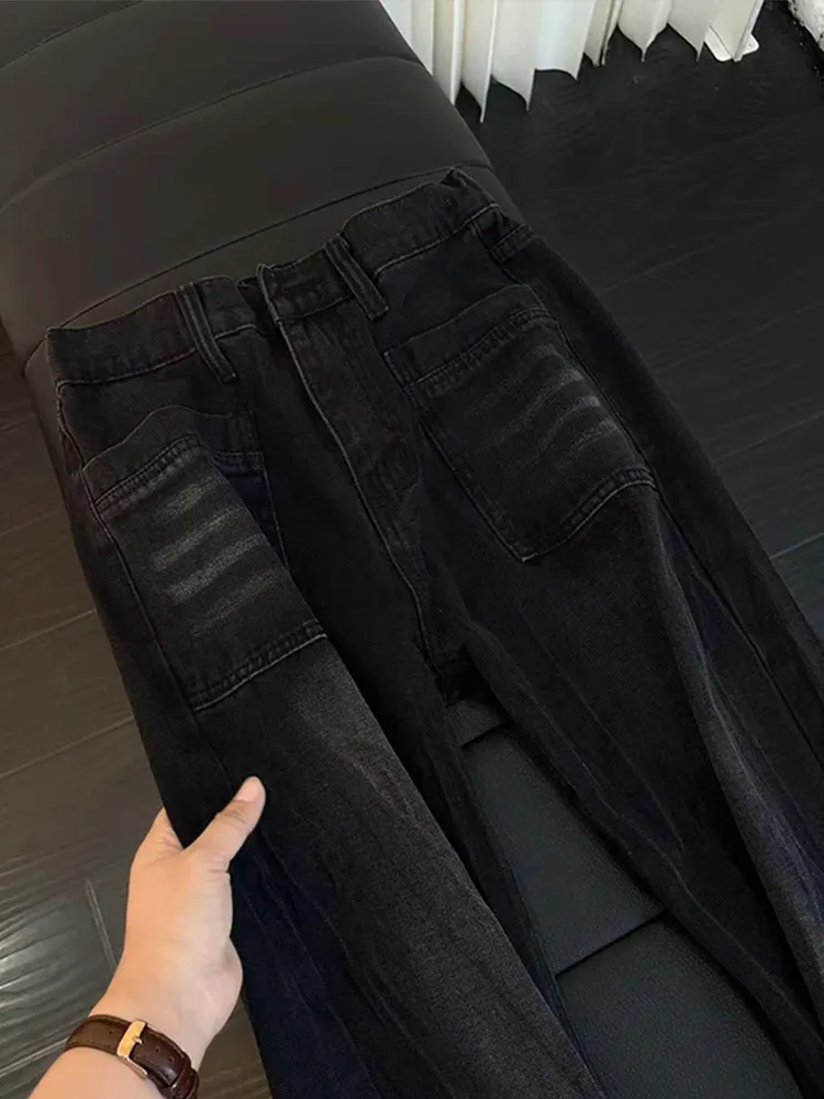 Black Lightning Pattern Men's Jeans Washed Design Workwear Pants American High Street Micro Flared Trousers Casual Loose Fit