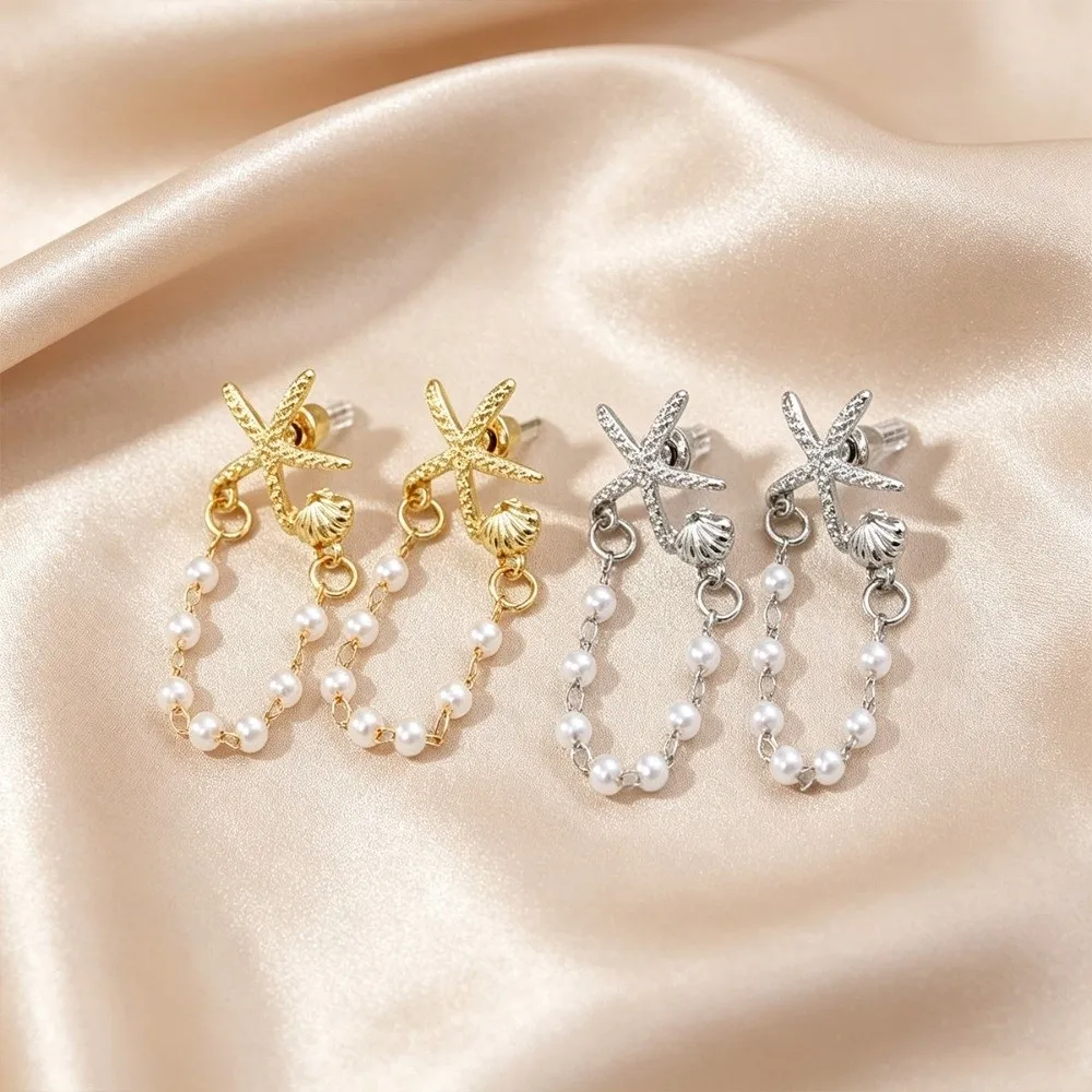 New Bohemian Starfish Dangle Earring Imitation Pearl Shell Stud Earrings Chain Pendant Gold Sea Star Jewelry Beach