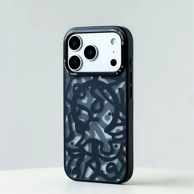 

Trendy Geometry Graffiti for MagSafe Phone Case For iPhone 17Pro Max 17 pro Luxury Metal Lens Wireless Charging Frosted PC Cover