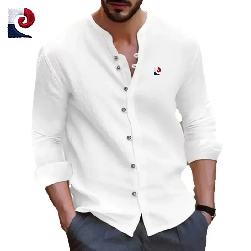 

New men's high-quality retro cotton long sleeved shirt, trendy, casual, breathable, cool POLO shirt top
