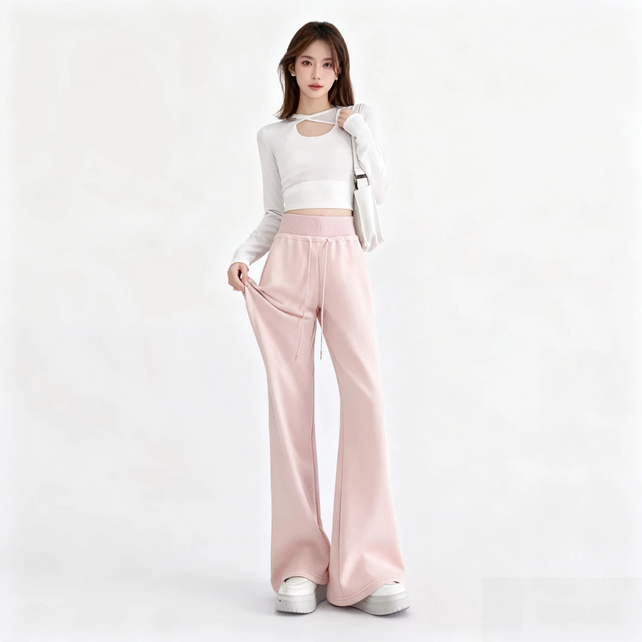 

Брюки женские для девочек, весенние свободные в рубчик для отдыха, сложенные ленты в горошек, сетчатые панели, темно-синие пояса, уличная одежда, разноцветная посадка