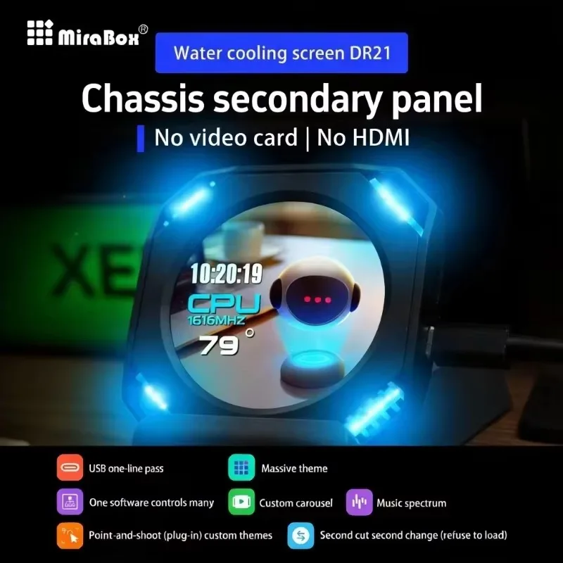 MiraBox DR21 PC Case Secondary Screen Music Spectrum Display Real Time GPU Monitor Aluminum Alloy Build For Gaming Desk Setup