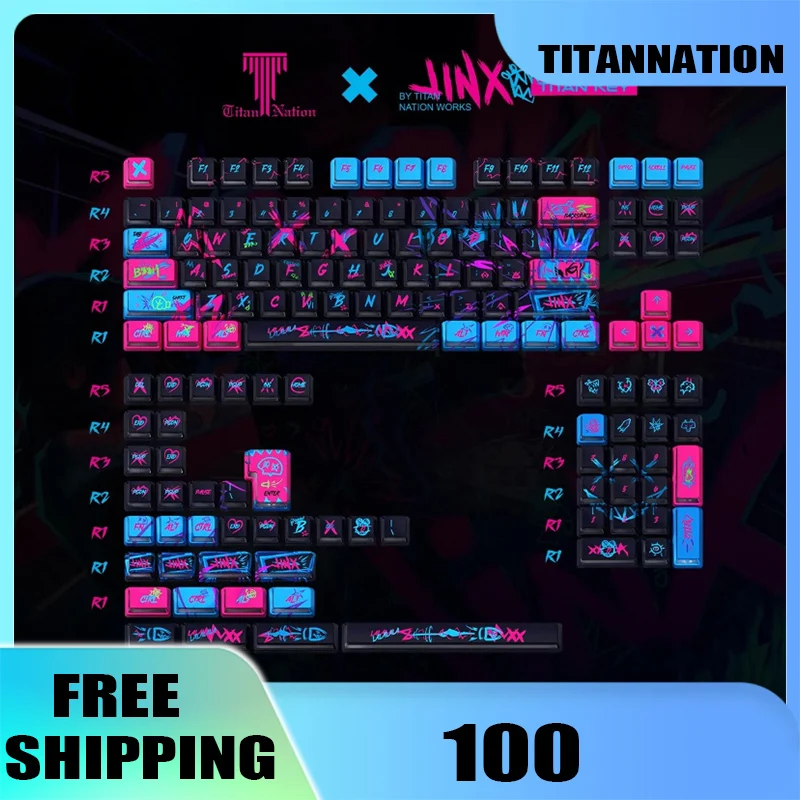 

Титановые колпачки для клавиш Battle of The Twin Cities Jinx Theme Cherry MX PBT + PC, полупрозрачные механические колпачки с боковой гравировкой, подарок
