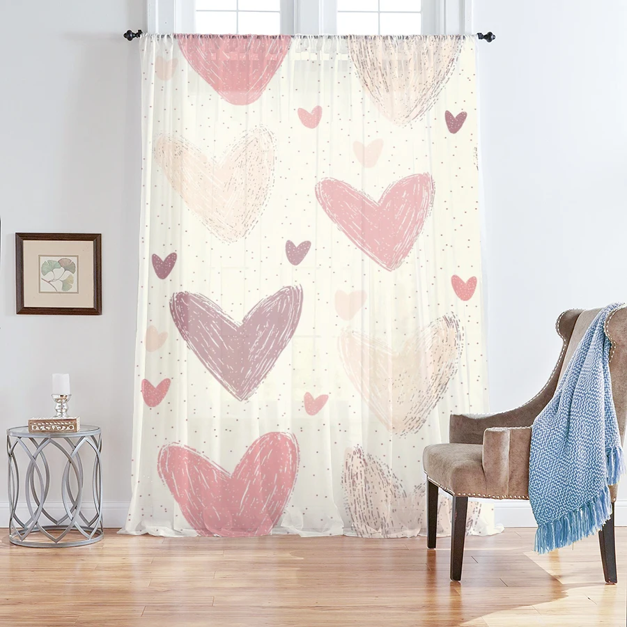 1PC Pastel Heart Pattern Sheer Curtain Valentine Romantic Window Drape Light Filtering for Bedroom Living Room Home Decor