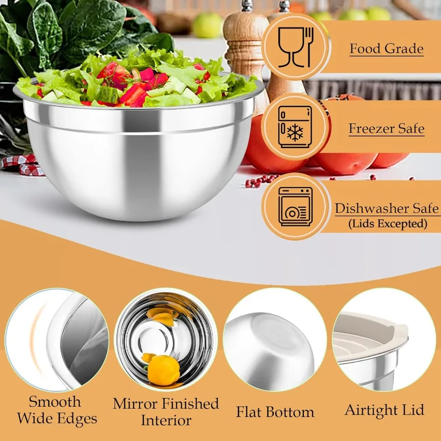 Stainless Steel Nesting Mixing Bowls Set with Lids and 3 Grater Attachments for Kitchen Use: Ideal for Mixing Serving and Stori