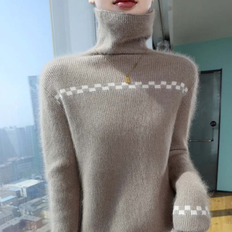 100% Mink Cashmere Sweater Women's High neck Knitted Pullover Slim Fit Fashion Needle Women's BottomTops Autumn Winter Wwarm