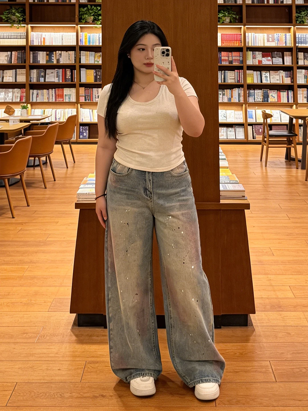 

Retro Splaed Ink Denim Pants Women's plus Size Pear ape Slimming Wide Leg Floor Length Trousers High Waist Zipper Sle