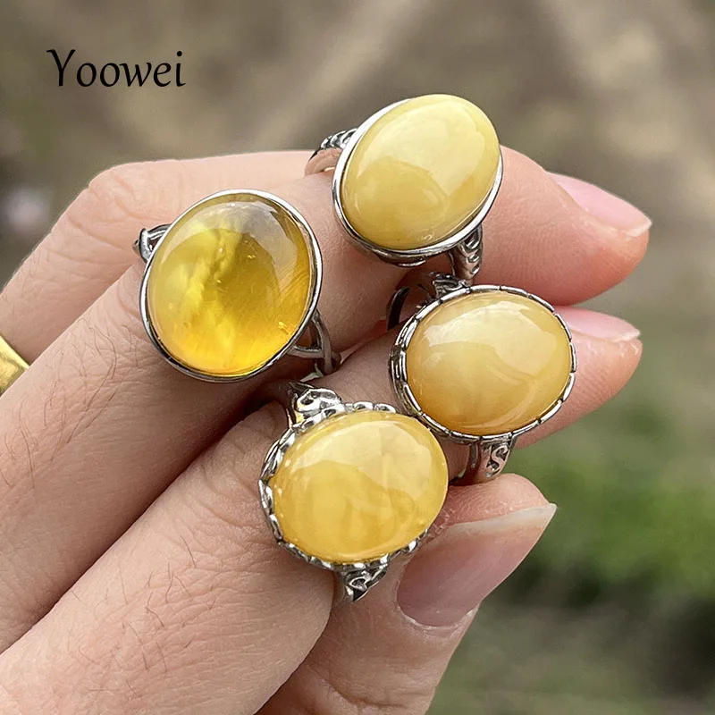 Yoowei Natural Amber Rings for Women Honey Ring S925 Silver Oval Party Casual Gift Unique Beads Baltic Amber Jewelry Wholesale