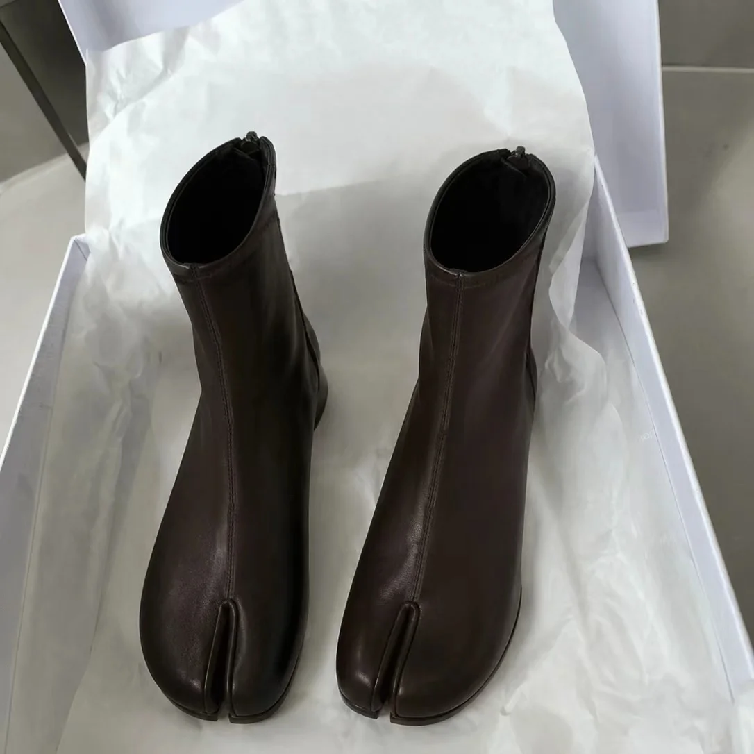 Damen Stiefeletten mit Geteilter Spitze Weiches Leder Flache Schuhe Hinterer Reißverschluss Lässige Kurze Chelsea Boots Retro Herbst Winter Mode Bequeme Vintage Halbstiefel – Detail 7