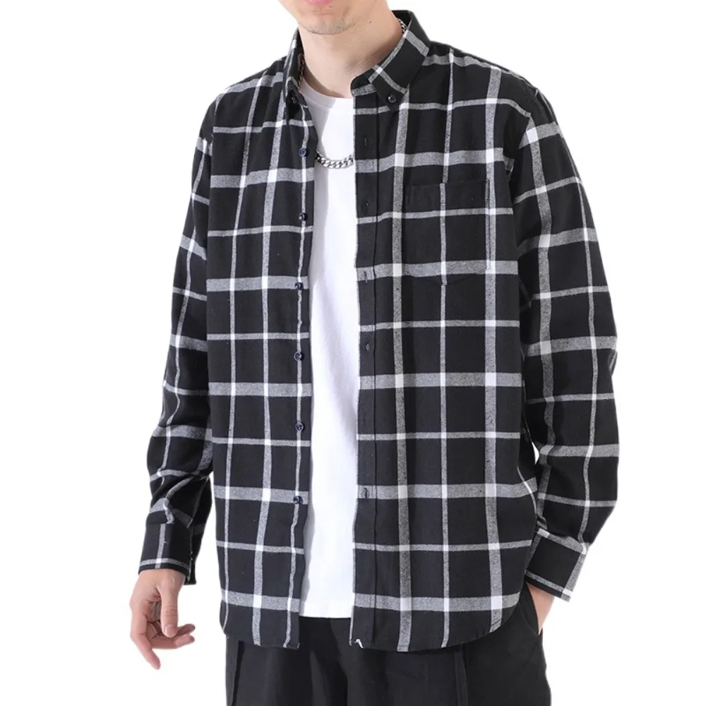 

Fashion Cotton Men Blouse Button Up Lapel Grid Blouse Women All Match Loose Long Sleeve Overshirts Unisex Unisex