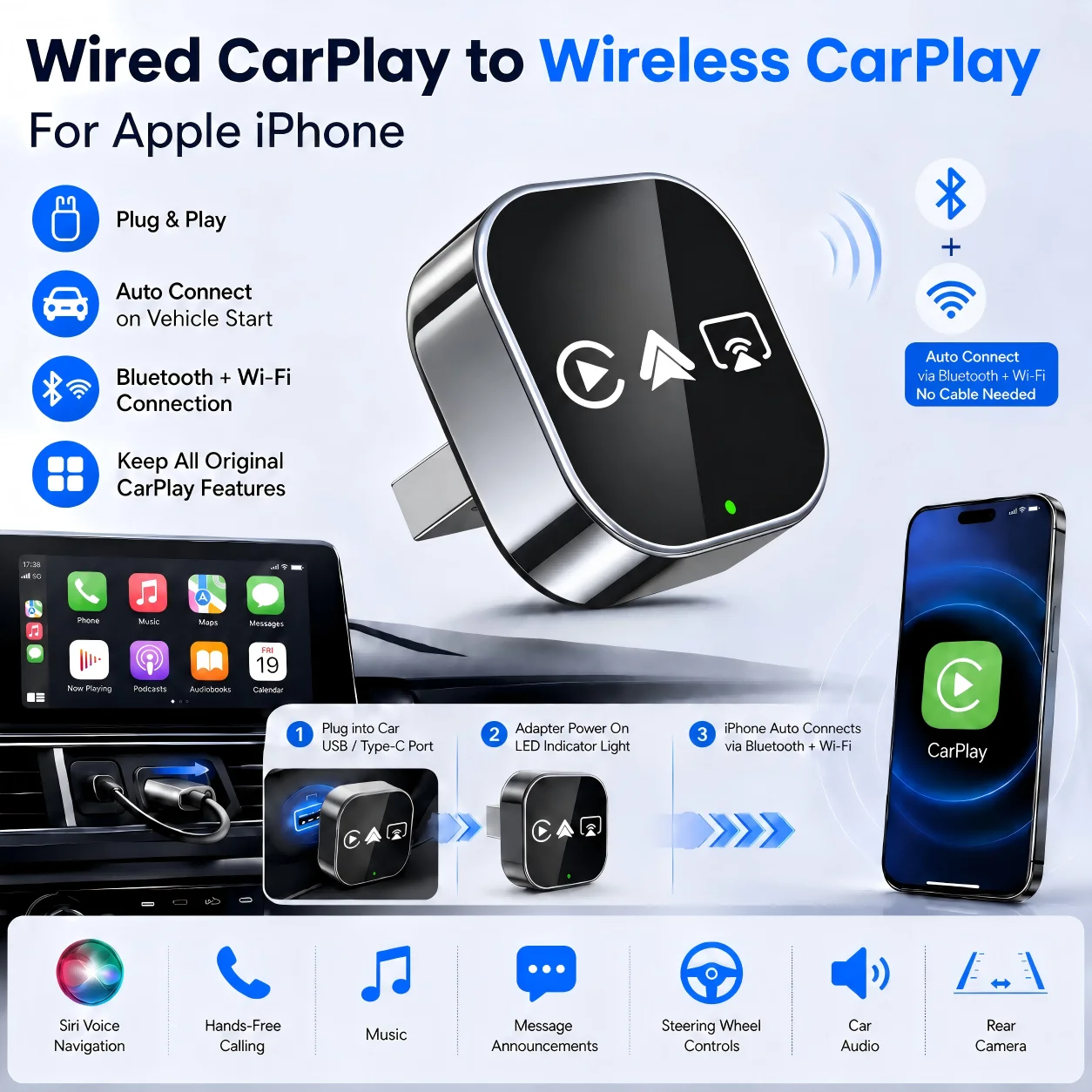 4 in 1 Smart Car Dongle Wireless CarPlay & Android Auto Adapter Wired to Wireless Converter AirPlay Miracast Screen Mirroring