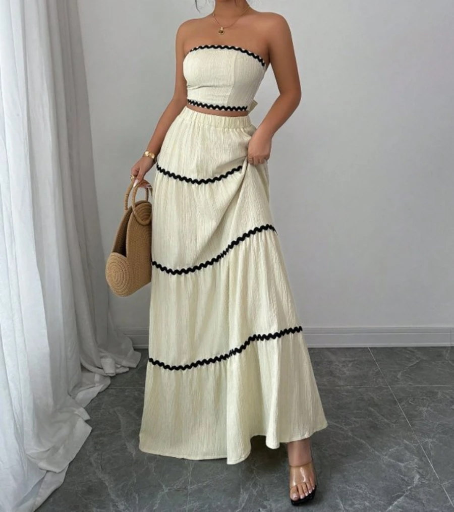 

Women's Maxi Skirt Set Summer Beige Sleeveless Wrap Top & Maxi Skirt 2 Piece Sets Fashion Casual Beach Vacation Sets