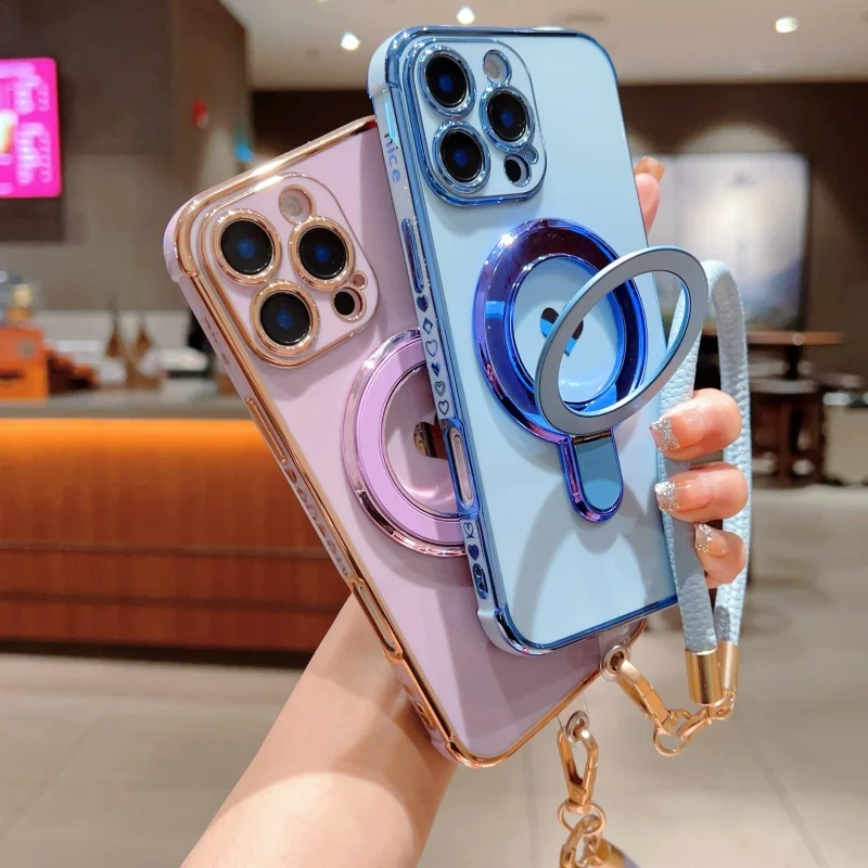 

Plating TPU With a wrist strap Case For iPhone16 15 14 13 12 16 Pro Max Plus iPhone11 Covers With Stand Holder Female Girl Women